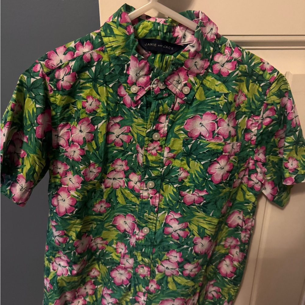 Janie and Jack Green and Pink Floral Button Down Shirt